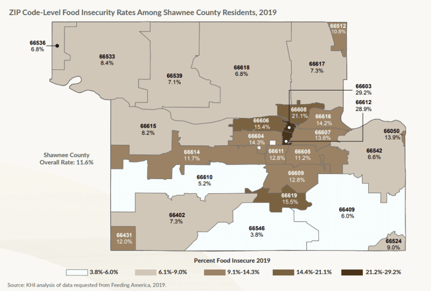 A map shows Shawnee County's food insecurity is worst in the center of Topeka.