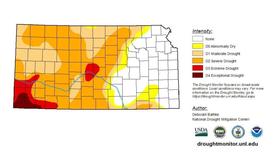 A map of Kansas showing drought conditions