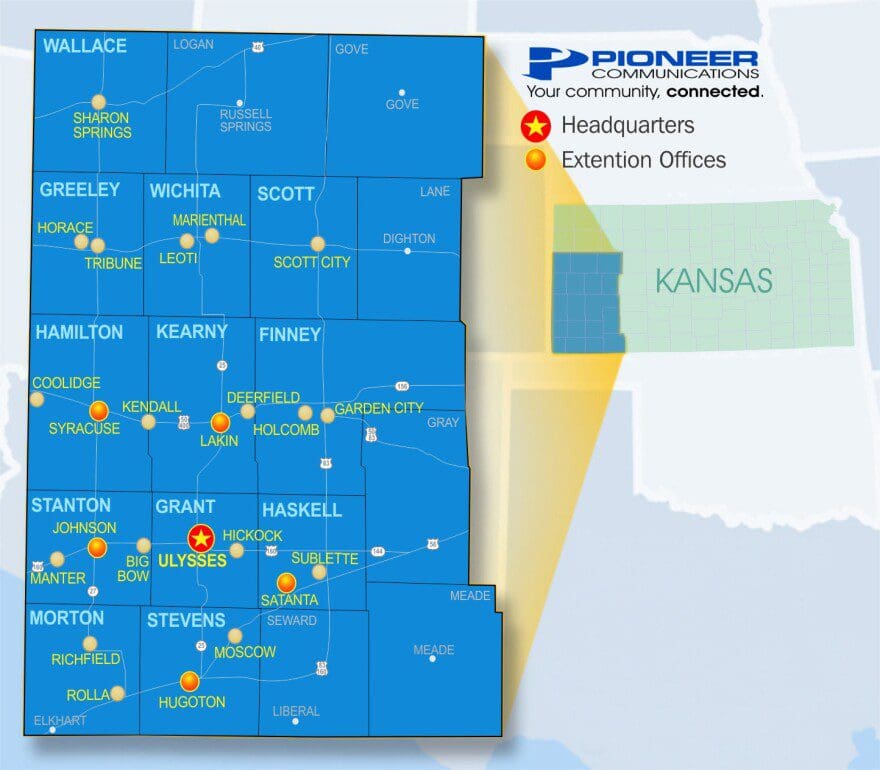 A map showing Pioneer co-op locations in southwest Kansas