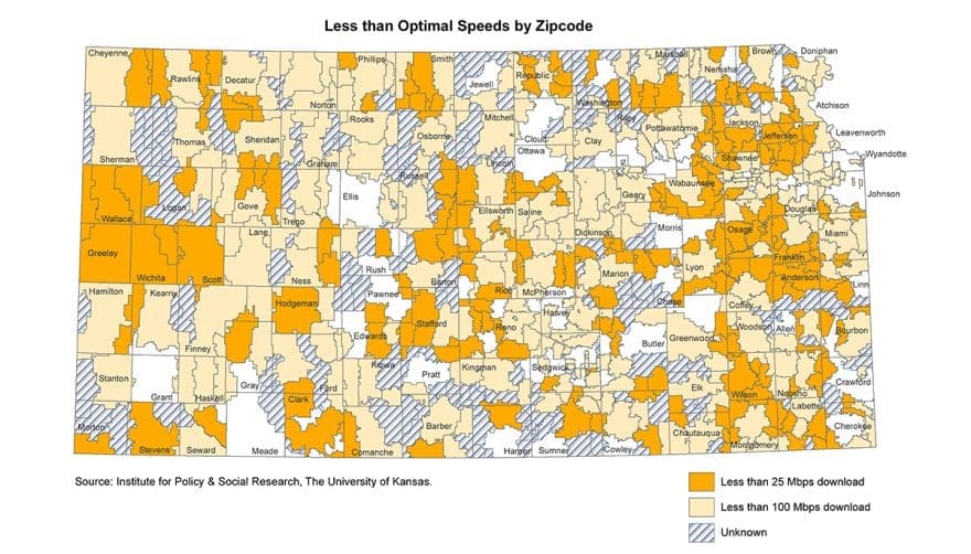 A map of Kansas showing internet speeds by ZIP code